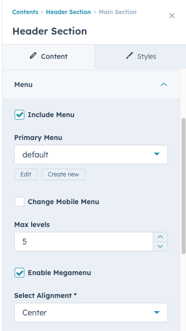 Navigation menu connected to header template