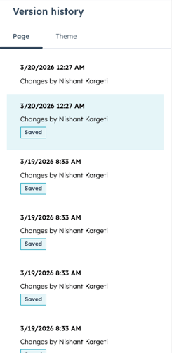 Page revision list in HubSpot