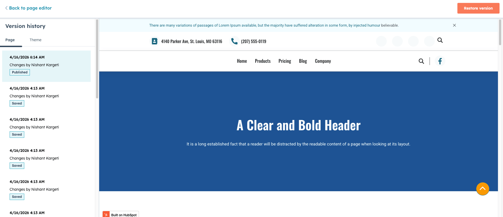 Page version history interface