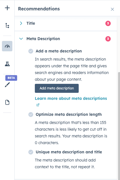 SEO panel inside page editor