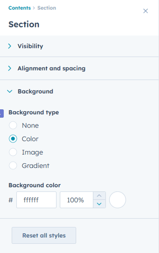 Section settings panel