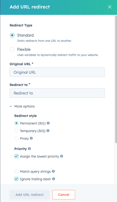 URL redirect settings panel