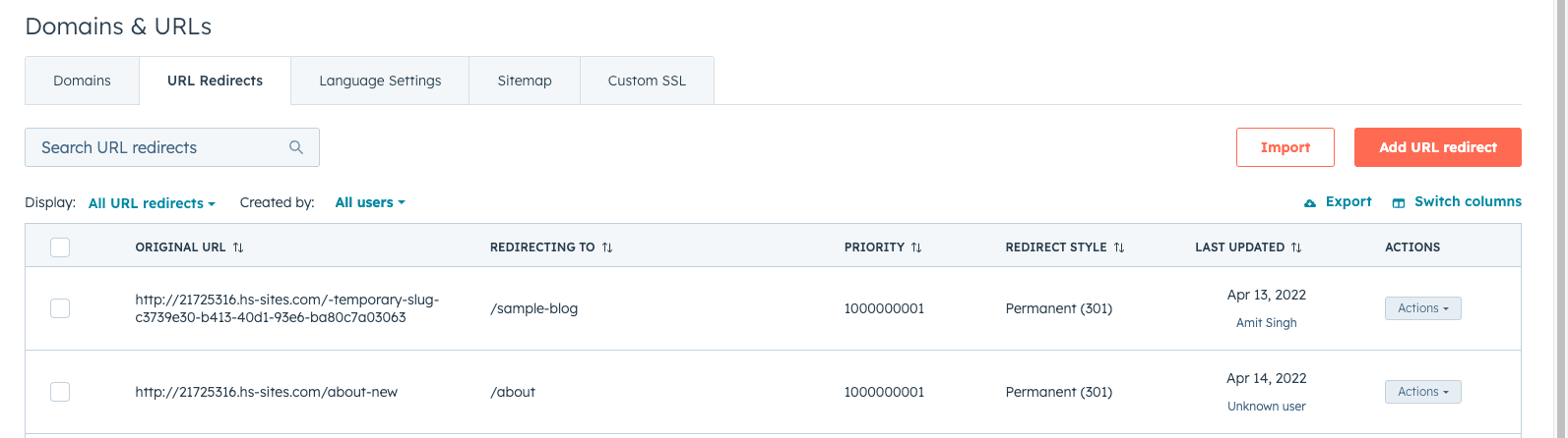 HubSpot URL redirect manager