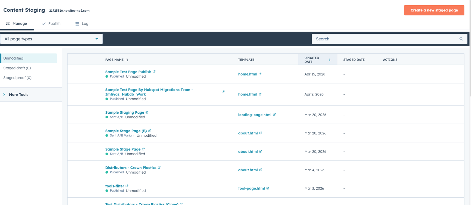 HubSpot staging dashboard