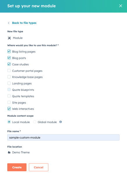 HubSpot Design Manager module creation screen