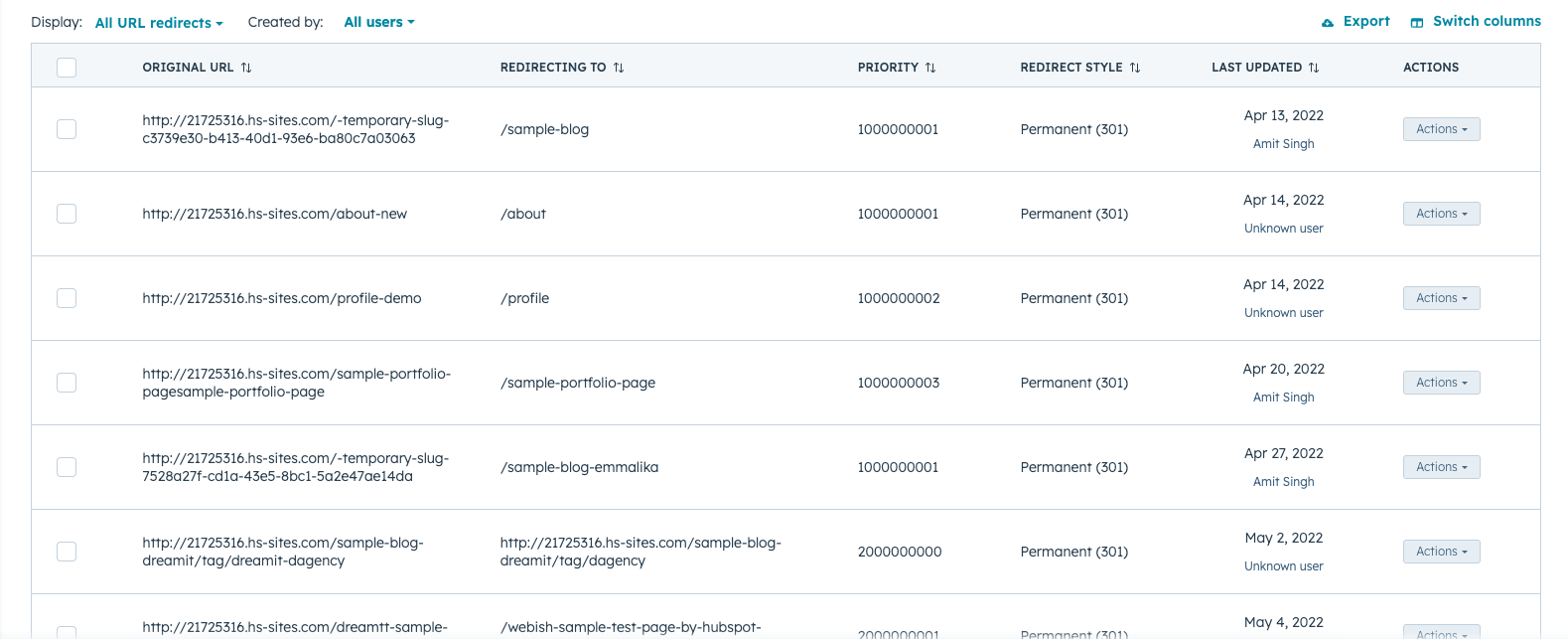 redirect list view in HubSpot