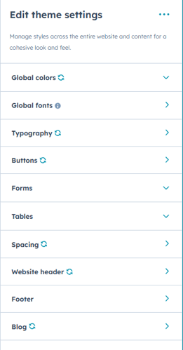 Theme settings panel in HubSpot