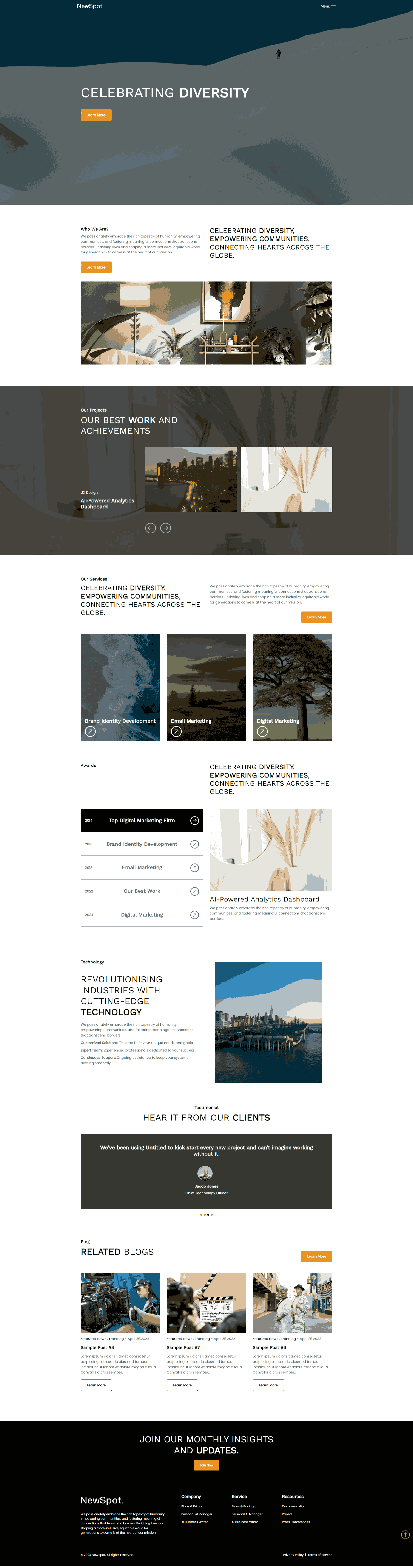 Home page with a hero section and a number of functional modules